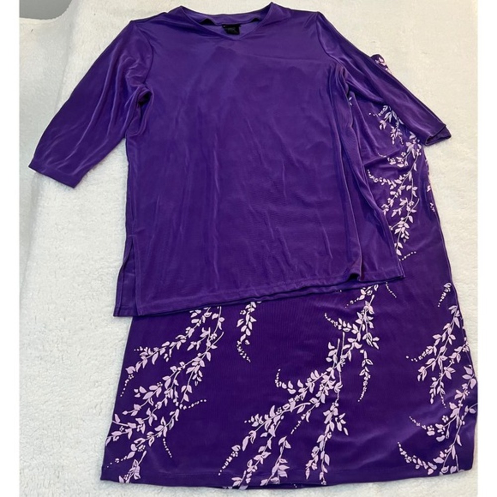Citiknit Purple Floral Skirt Set Womens Large V-Neck Midi Skirt 2 Piece